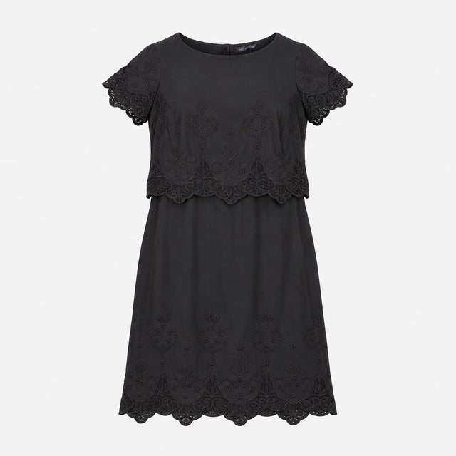 Black 100% Cotton Floral Embroidered Scalloped Hem