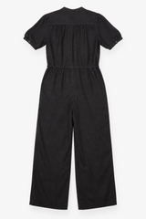 Jumpsuit Linen Short Sleeve Button Front Black