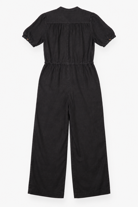 Jumpsuit Linen Short Sleeve Button Front Black