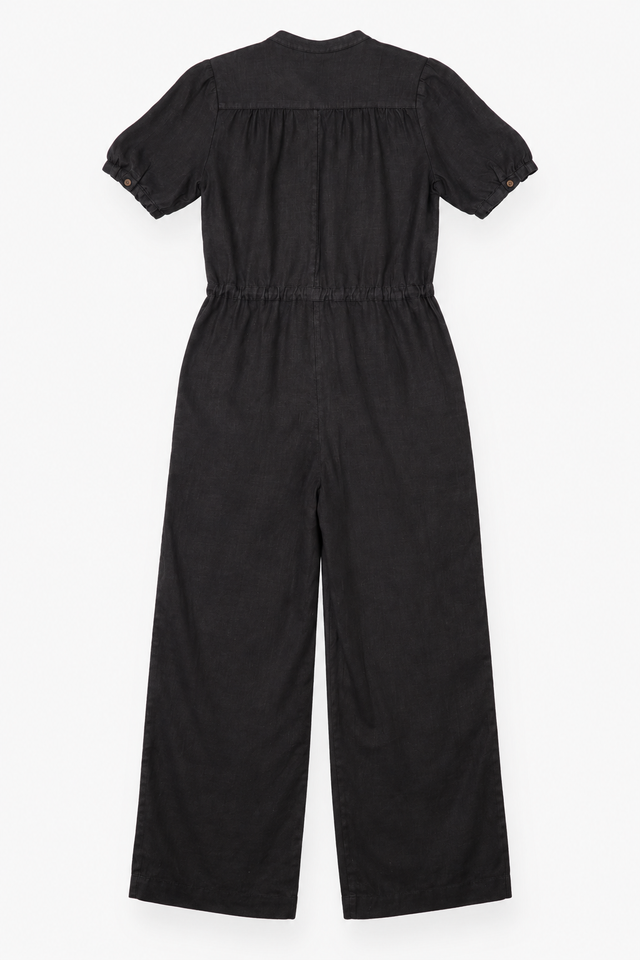 Jumpsuit Linen Short Sleeve Button Front Black