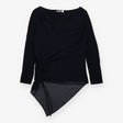 Long Sleeve Top Dark Blue Draped Cowl Neck Ruched 