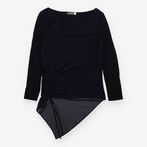 Long Sleeve Top Dark Blue Draped Cowl Neck Ruched 