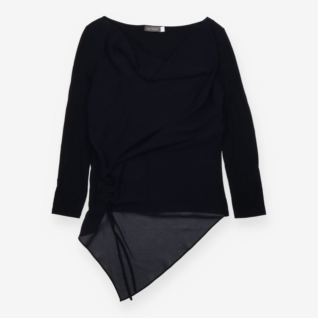Long Sleeve Top Dark Blue Draped Cowl Neck Ruched 