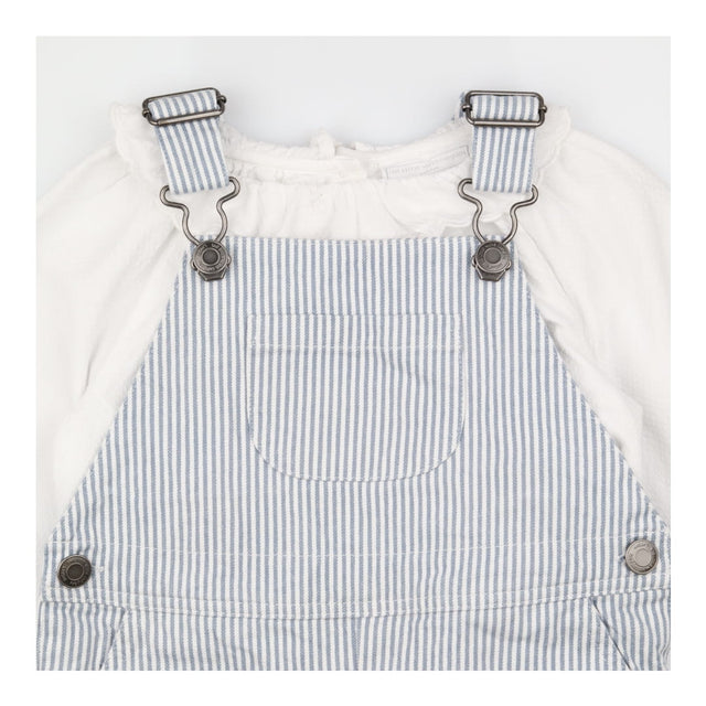 Outfit dungarees blue stripe white frill blouse