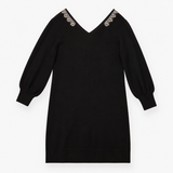 Knit Jumper Dress Beaded Embellished V-Neck Black