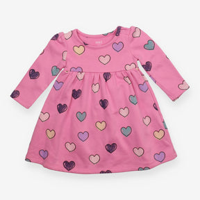 Jersey Dress Lined Pink with Multi Colour Hearts 
