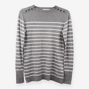 Grey White Stripe Knit Jumper Shoulder Button