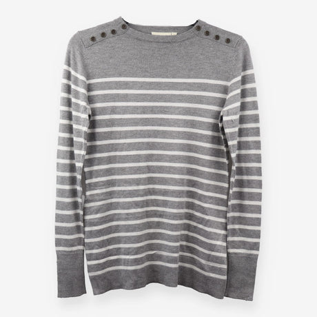 Grey White Stripe Knit Jumper Shoulder Button