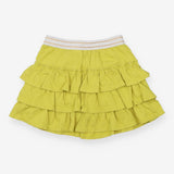 Green ruffle skort with gold stripe waistband