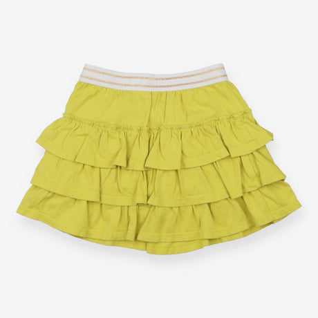 Green ruffle skort with gold stripe waistband