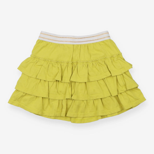 Green ruffle skort with gold stripe waistband