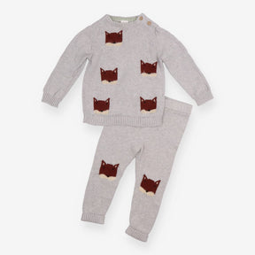 Outfit Top and Leggings Knit Grey with Fox Appliqu