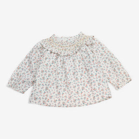 Blouse cream small ditsy flower smocked neck 