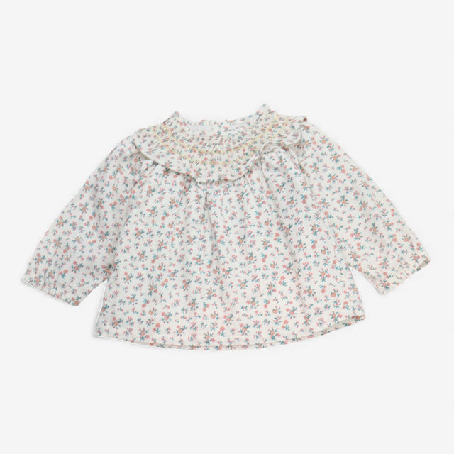 Blouse cream small ditsy flower smocked neck 