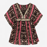 Pink Black Abstract Ikat Sheer Sequin V Neck Kafta