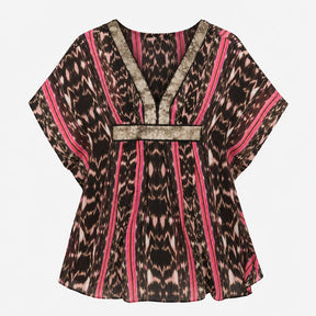 Pink Black Abstract Ikat Sheer Sequin V Neck Kafta