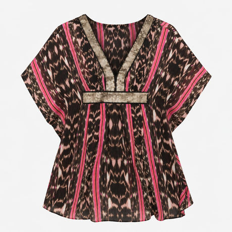 Pink Black Abstract Ikat Sheer Sequin V Neck Kafta
