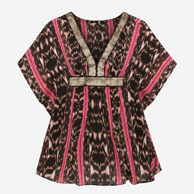 Pink Black Abstract Ikat Sheer Sequin V Neck Kafta