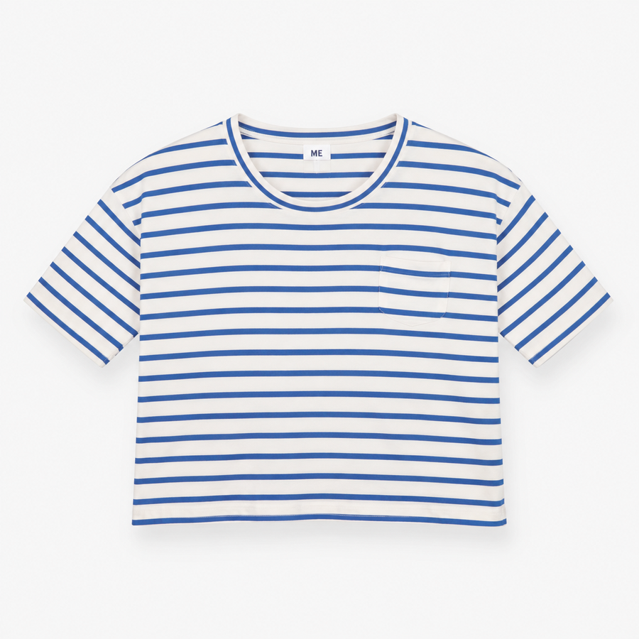 Blue and White Striped Short Sleeve Pocket Top