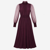 Plum Mulberry High Neck Frill Flocked Mesh Polka D