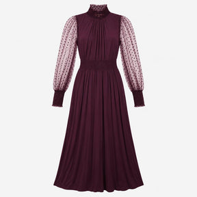 Plum Mulberry High Neck Frill Flocked Mesh Polka D