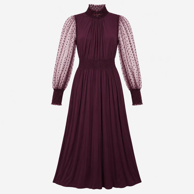 Plum Mulberry High Neck Frill Flocked Mesh Polka D