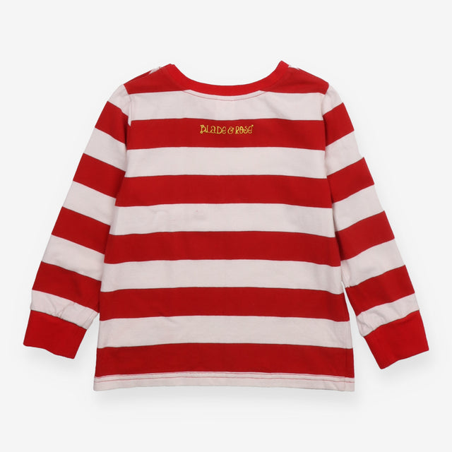Tee LS red white stripe yellow flower