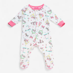 Sleepsuit White Animal Carnival with Pink Cuffs