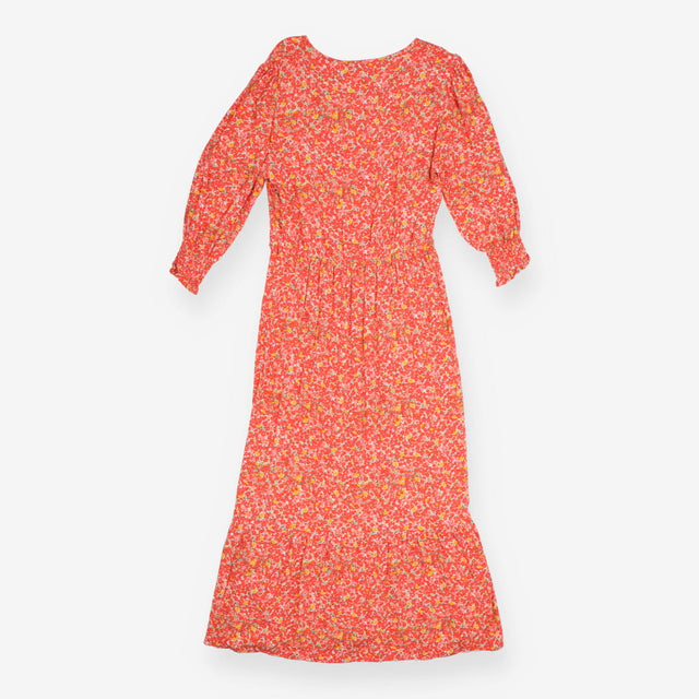 Floral Maxi Dress Coral Red V Neck 3/4 Sleeve