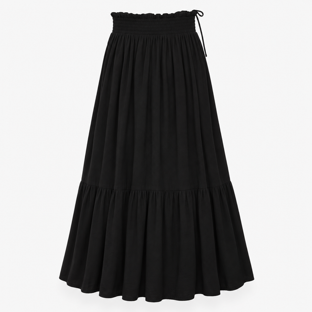 Shirred Tiered Midi Skirt Black 100% Viscose