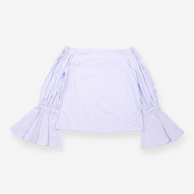 Blouse Blue White Stripe Off Shoulder Bell Sleeve