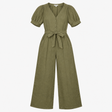 Jumpsuit in Linen V-Neck Belted Button Down Olive 