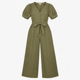Jumpsuit in Linen V-Neck Belted Button Down Olive 