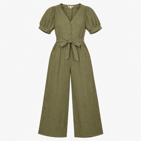 Jumpsuit in Linen V-Neck Belted Button Down Olive 