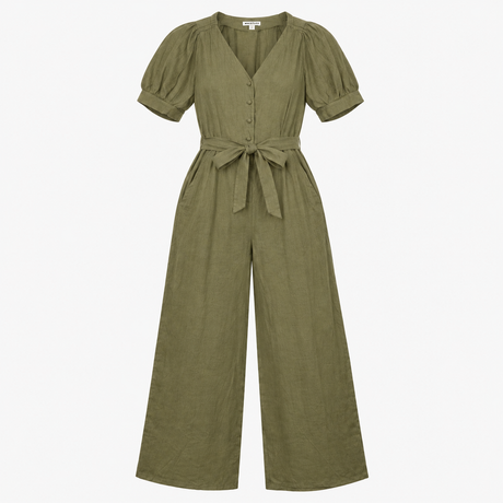 Jumpsuit in Linen V-Neck Belted Button Down Olive 