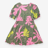Pink Green Printed V-Neck Dress Lurex Detail