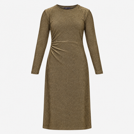 Midi Dress Gold Metallic Ruched Long Sleeve Bodyco