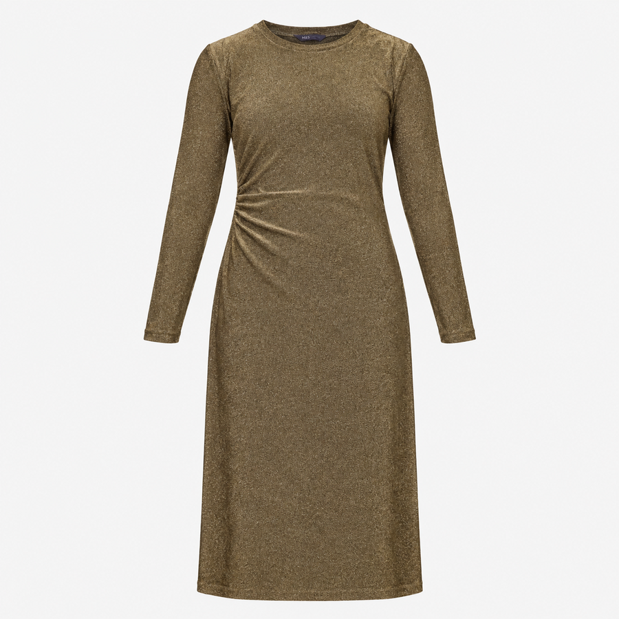 Midi Dress Gold Metallic Ruched Long Sleeve Bodyco