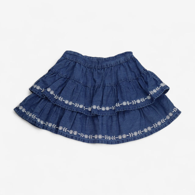 Skirt Denim Tiered with White Flowers