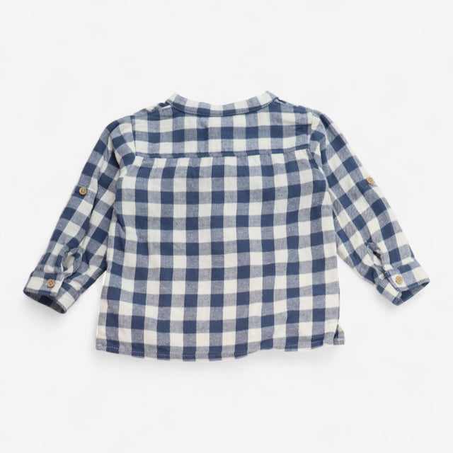 Shirt Grandad Collar Blue & White Check Brushed Co