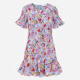 Dress Floral Shirred Short Sleeve Mini Blue