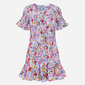 Dress Floral Shirred Short Sleeve Mini Blue