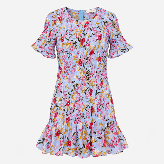 Dress Floral Shirred Short Sleeve Mini Blue