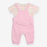 Dungarees pink with flower and checkered t-shirt