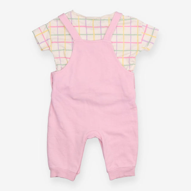 Dungarees pink with flower and checkered t-shirt