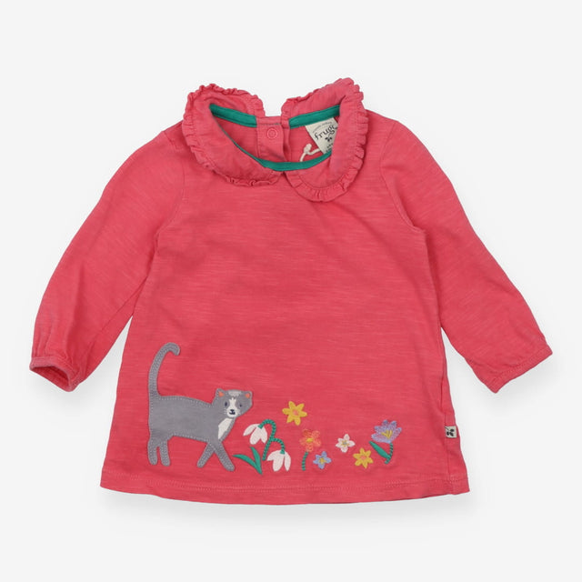 T-Shirt Long Sleeved Collared Pink Cat Applique