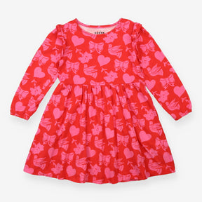 Long Sleeve Dress Red with Festive Pink Ornaments