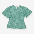 Green Floral Flutter Sleeve Top with Gathered Wais