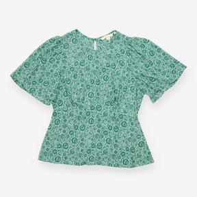 Green Floral Flutter Sleeve Top with Gathered Wais