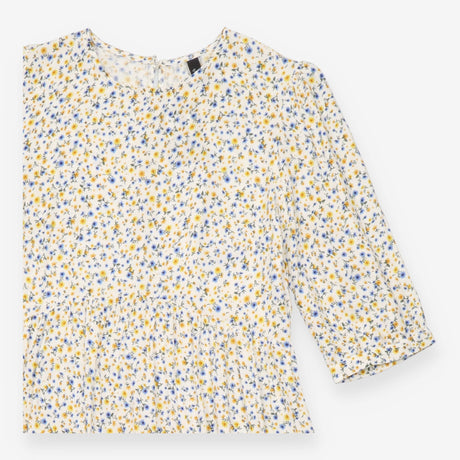 Midi Dress Cream Yellow Blue Ditsy Floral Tiered S